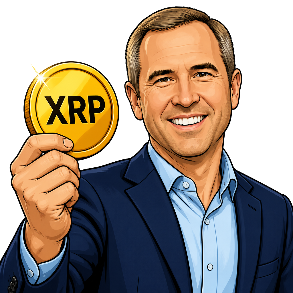 Cartoon Brad Garlinghouse holding an XRP coin